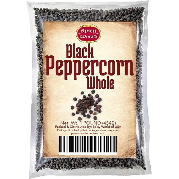 Spicy World Whole Black Peppercorns Tellicherry 16 Oz in Resealable Bag- Steam Sterilized- Non-GMO Black Pepper - Grinder Refill