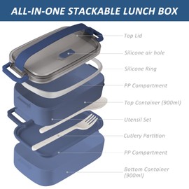 Adult Bento Lunch Box for Children, Lunch Box Children with Compartments, Lunch Box Children, Leak-proof Lunch Box Ideal for Work, School and Travel, Lunch Box 1600 ml, Blue