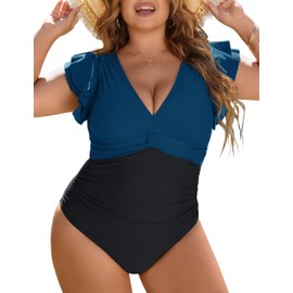 Blooming Jelly Women's Plus Size Swimsuit One Piece Tummy Control Bathing Suit Modest Swimwear Full Coverage Long Torso Swim Suits (Blue and Black,XX-Large)