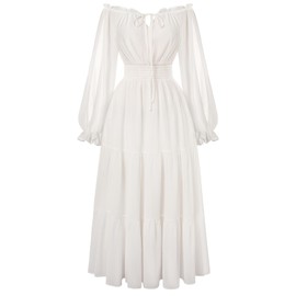 Women Long Sleeve Maxi Dress Fairy Smocked Waist A Line Casual Tiered Dress White L