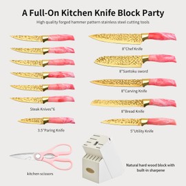 Knife Set, Non Stick Thick and Sharp Stainless Steel Kitchen Knives Set with Wood Block, 14 Pcs Cutlery Knives Block Set with Steak Knife, Bread Knife, Scissors, Chef Quality, Pink Handle, Gold Blade