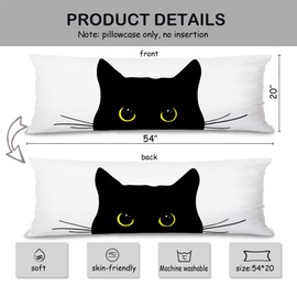 Pleonox Black Cat 20x54 Body Pillow Cover Case, Black Cat Lover Mom Lady Gifts, Cute Little Kitten Decorative Long Hug Pillow Cases for Bed Couch