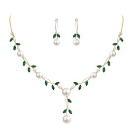 EVER FAITH CZ Crystal Elegant Leaf Vine Cream Artificial Pearl Pendant Jewellery Set Clear Green Gold Tone, Cubic Zirconia, Cubic Zirconia