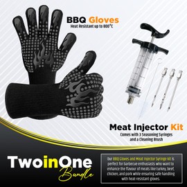 BBQ Grilling Gloves - 1472°F Extreme Heat Resistant Oven Gloves, Food Grade Non-Slip Cooking Mitts for Barbecue, Baking, Smoker, Welding Cotton Lined, Long Sleeve, Bonus Marinade Injector Accessories