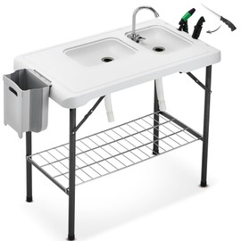 Avocahom Folding Fish Cleaning Table Portable Camping Double Sinks Table w/2 Dual Water Basins, Faucet Drainage Hose & Sprayer Outdoor Fish Fillet Cleaning Station w/Knife, Storage Box,Black