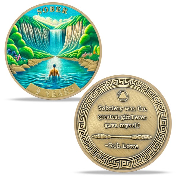 9 Years Sobriety Coin Gifts | Man Under Waterfall AA