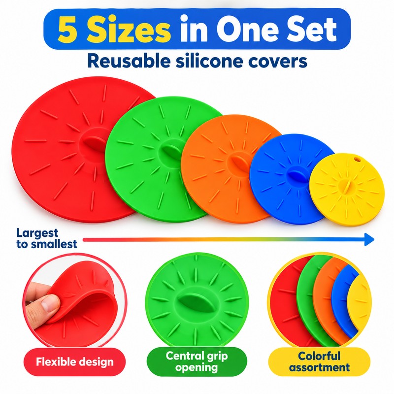 5-Piece Silicone Suction Lid Cover Set – Reusable Heat-Resistant Microwave