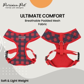 Parisian Pet Adjustable Plaid Red Dog Vest - Medium-Sized Dog Harness - 100% Mesh Fabric, No Pull, Cooling for Walking, Running, Hiking