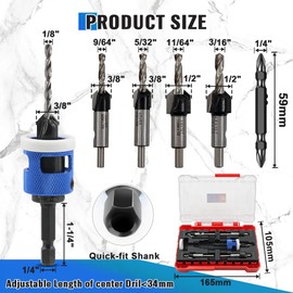 BRSCHNITT Countersink Drill Bit Set with Adjustable Depth Stop, Carbide Tipped Countersink Bit, 1/8" + 9/64" + 5/32" + 11/64" + 3/16" Hex Shank for Woodworking