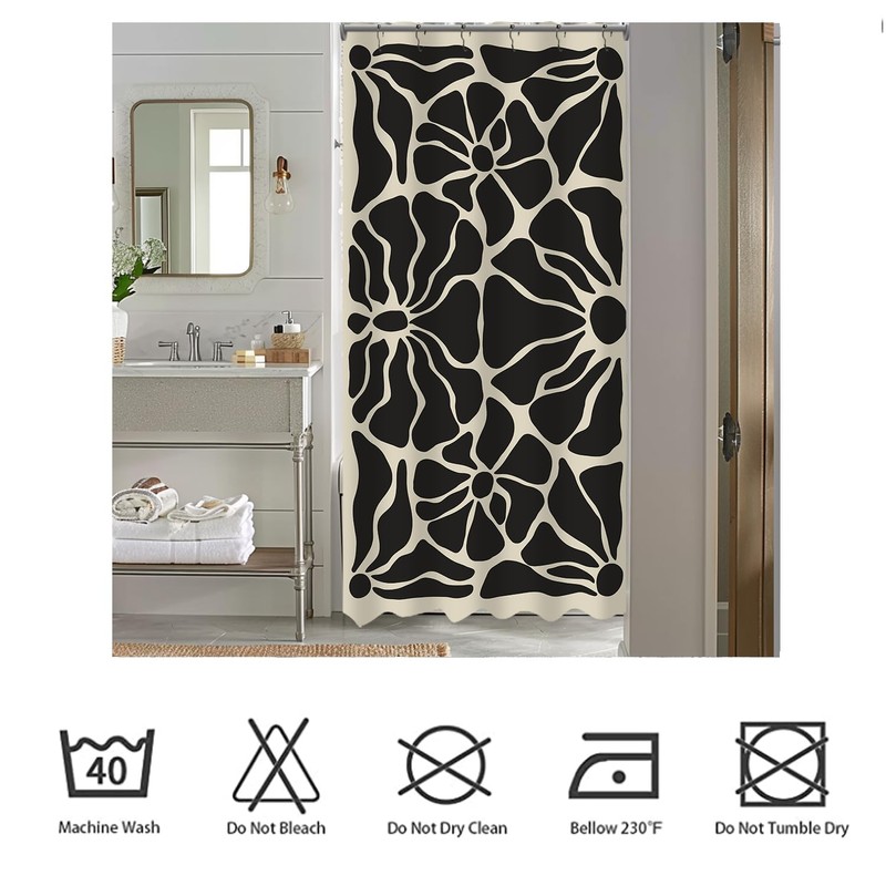 Black Floral Mid Century Shower Curtain, 36x72 Inch Waterproof Polyester