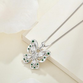 OSKINIA Women Butterfly Necklaces 925 Sterling Silver Butterfly Pendant May Emerald Green Birthstone Necklace Birthday Valentines Monther Day Gifts for Her
