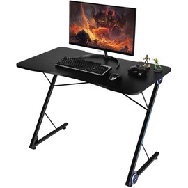 Tangkula Gaming Computer Desk, Z-Shaped Home Office Computer Table with LED Lights & Large Carbon Fiber Surface, Ergonomic Gamer Workstation, Writing Desk for Home Office