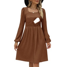 CzzzyL Mother Nursing Casual Dresses for Women Ruffle Long Sleeve Maternity Square Neck A Line Sundresses(Brown,Small)