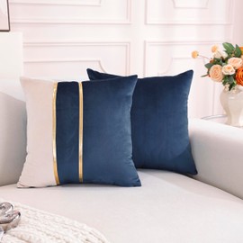 TAOSON Pack of 2 Navy Blue & Beige Velvet Throw Pillow Covers 18x18 Inch, Patchwork Cushion Covers with Gold Leather Accents, Luxury Modern Decorative Pillow Cases for Sofa Bedroom Living Room Car