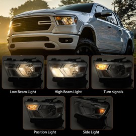 FIONE Halogen Headlights Assembly Compatible with Dodge Ram 1500 2019-2022 Replacement Headlamp with Chrome Frame Driver Left Side LH 68316081AD 68316081AH