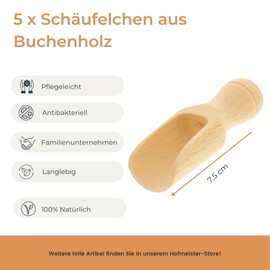 5x Dosier-Schaufel aus Holz, 7,5 cm, Mess-Löffel für Gewürze, Tee, Kaffee & Getreide, sicheres Dosieren, Abwiegen, Befüllen in Vorratsbehältern, Teedosen & Einmachgläsern