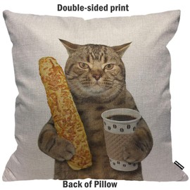 HGOD DESIGNS Cushion Cover Funny Cat The Cat Is Holding A Cup of Black Coffee and A Baguette Throw Pillow Cover Home Decorative for Men/Women//living room Bedroom Sofa 18X18 Inch Pillowcase