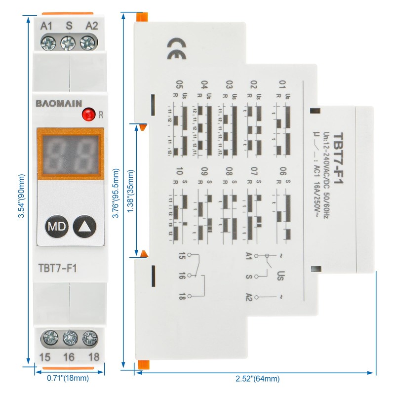 Baomain Digital Multi-Function Time Relay, 16A/250V 20-Delay Modes 0.1s~99d, DIN
