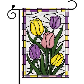 Welcome Spring Tulips Garden Flag 12x18 Inch Vertical Double Sided Outside, Colorful Flowers Decor Burlap Farmhouse Small Flag for Yard Lawn Holiday Home Outdoor Decoration (Yellow)