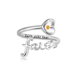 URONE Mustard Seeds Faith Over Fear Ring Sterling Silver Cross Faith Adjustable Rings Wrap Ring Christian Jewellery for Women, Sterling Silver, No Gemstone