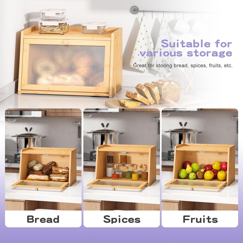 Wieghda Large Farmhouse Bread Box with Window - Natural Wood