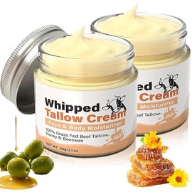 Tucorresi Crema de cebo de res para la cara: 2 Botellas Grass Fed Sebo para la Cara - Hidratación Profunda y Duradera para Piel Seca y Sensible. Rica en Vitaminas. Tiene propiedades antioxidantes y nutre la piel. Multiusos para Rostro Cuerpo y Labios.