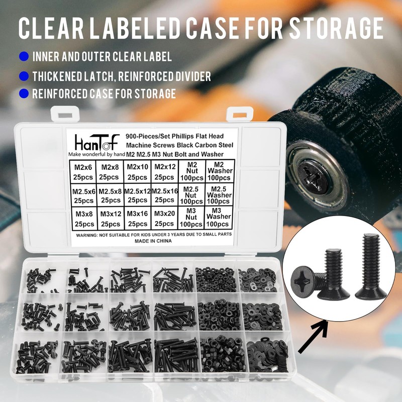 HanTof 900PCS Countersunk Screws Assortment Kit, M2 M2.5 M3 Bolts