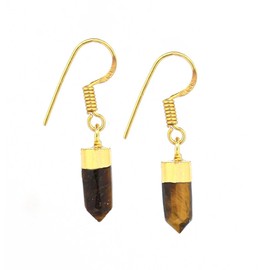 Gempires Natural Tiger Eye Earring, Drop Crystal Earrings For Women, Tiger eye Jewelry, 14k Yellow Gold Plated, Pencil Hook Earrings