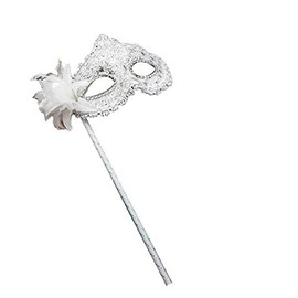 AZYOUNG Women's Masquerade Masks Side Feather Flower Petal Hand Held Lace Mask with Stick,(White)