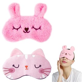 Sleeping Eye Mask, Cute Animal Characters, Set of 2 Types, Silk, For Children (Cats & Rabbits), Children's Animal Eye Mask, Set of 2, Rabbit, Fluffy, Sold as a Set, For Sleeping & Traveling, Silk Eye