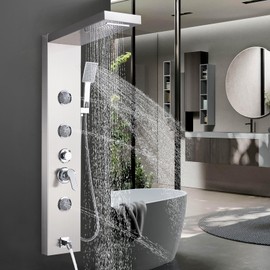 AlenArt Shower Panel Massage Jets Rainfall Waterfall Shower Head, Shower Stainless Steel Wall Mount Massage Multi-Function Bathroom Shower Panel Tower System, Brushed Nickel……