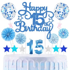 15th Geburtstag Kuchen Dekoration Kuchen Toppers Zahl Kerzen Birthday Torten Dekoration Sternen Papierfächer Ballon Torte Toppers Kuchendeko für 15. Geburtstag Dekorationen Party Zubehör, Blau