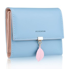 FT FUNTOR PU Leather Wallet for Women RFID-Blocking, Ladies Bifold Leaf Pendant Coin Zipper Small Purse with 5 Card Slots and 1 ID Window Card Holder Organizer (Blue)
