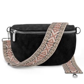 ARTVALL - Shoulder Bag Suede Bag Handbag Velour Bum Bag Small with Shoulder Strap Design Bag Strap Removable Adjustable Strap Crossbody Bag Genuine Leather Bag Women with Zip, Black (sign pink -