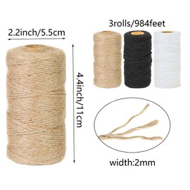Christmas Cotton Twine Natural Jute Twine 2mm Packing Twines 984 Feet Bakers Twine Kraft Butchers Baking Gardening Twine for Gift Wrapping Arts Crafts Party Decorations(Brown Black White)