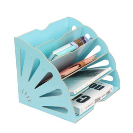 Office 5 Sections Desktop Inclined File Document Sorter Organizer Desk Organizer for Home Office Students DIY Organization, Buckle Design Fan-Shaped Wooden Assembly Folders, Light Blue