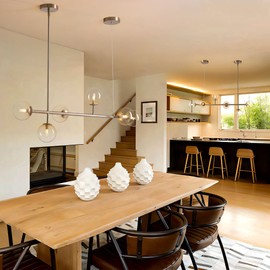 7PMBEANE Mid Century Modern 6 Light Globe Chandelier, Gold Brass Lighting with Gradient Glass Shades, Adjustable Hanging Light Fixture for Dining Room, Kitchen Island, and Living Room