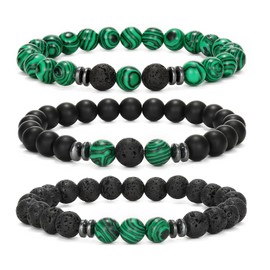 MengPa Mens Beaded Bracelets Matte Lava Rock Volcanic Stone Beads for Women Stretch Bracelet Malachite US4543D