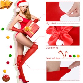 8 Pairs Christmas Candy Cane Thigh High Socks Red and White Stripe High Sock with Bow Over Knee Stockings and Gloves Set Candy Costume for Women Girls Arm Warmer Xmas Holiday Party