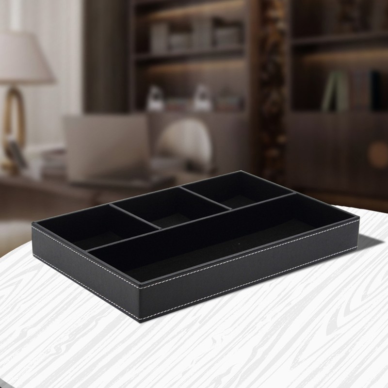 4 Compartments Leatherette Valet Tray Desk Dresser Top Organizer Box