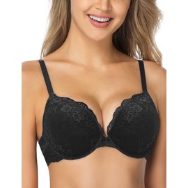 Wingslove Women's Push-Up Bra with Floral Lace, Padded, Underwired, Comfort Bra, black