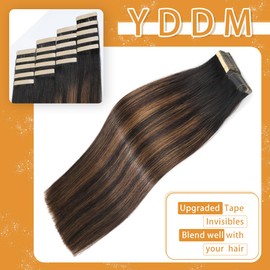 Tape in Hair Extensions Human Hair 14 Inch 20Pcs Tape ins Human Hair Extensions Balayage Natural Black to Chestnut Brown Hair Extensions Real Human Hair Tape in (1B/1B/6#, 14 Inch)