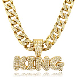 IDRUPACE Miami Mens Cuban Link Chain Silver Gold Plated Bling Cuban Necklace Diamond Chain for Men 13MM iced out chain Hip Hop Jewelry (Gold Chain+KING Pendant, 24.0 Inches)