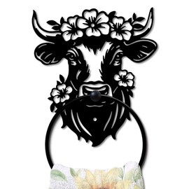 MAYJOYDIY Bull Head Flower Metal Towel Ring Cow Flower Towel Holder Animal Plants Wall Decor Towel Hanger Black Art Towel Rack Wall Mounted for Bathroom Kitchen Home Decors Gift