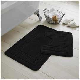 VELVETIO Bath Mat Set 2 Piece Machine Washable for Bathroom, Jacquard Greek Non Slip Quick Dry Shower Rugs & Bathtub Mats, Highly Water Absorbent 100% Polypropylene Toilet Rug Sets, Black