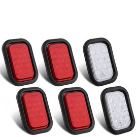 Partswcgg 6Pcs 5"x3" Rectangle LED Stop/Turn/Tail/Brake & Backup Reverse Truck Trailer Tail Hitch Flatbed Lights 12 LED w/Grommets & 3 Prong Wire Pigtail Plug Kit IP67 Waterproof (4xRed+2xWhite)