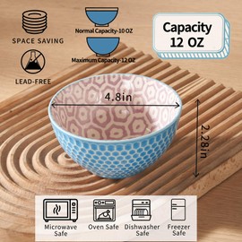 12 Oz Dessert Bowls Set of 6, 4.8 Inch Small Porcelain Ice Cream Bowls Set, Colorful Ceramic Cereal Bowls for Side Dishes, Dip, Snack, Rice, Soup, Portion, Fruits, Microwave and Dishwasher Safe