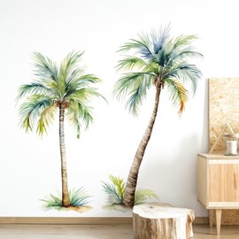 Tanlaby Wall Sticker Palm Tree Large Tree Wall Sticker Tropical Plants Green Wall Stickers Watercolour Palm Trees Wall Sticker Coconut Tree Tropical Wall Sticker for Living Room Bedroom Hallway