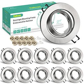 Tailcas 10er Einbaustrahler GU10 Set Rahmen 230V inkl. GU10 Fassung, LED Einbauspots 68mm Lochdurchmesser in Edelstahl Gebrstet, 30 Schwenkbar Rund Einbaurahmen fr LED oder Halogen Leuchtmittel
