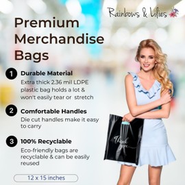 Rainbows & Lilies 100 Thank You Bags,12x15 Plastic Bags with Handles, Shopping Bags for Small Business, Clothes, Gifts, Goodie Bags, Retail Bags, Bulk Gift Bags - Thick Reusable Bags (Black)